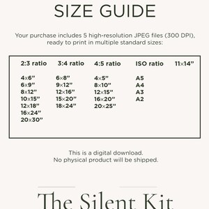 May include: A size guide chart for digital wall art prints. The chart lists print sizes in inches for various ratios, including 2:3, 3:4, 4:5, and ISO, as well as an 11x14 inch option. The text "The Silent Kit" is at the bottom.