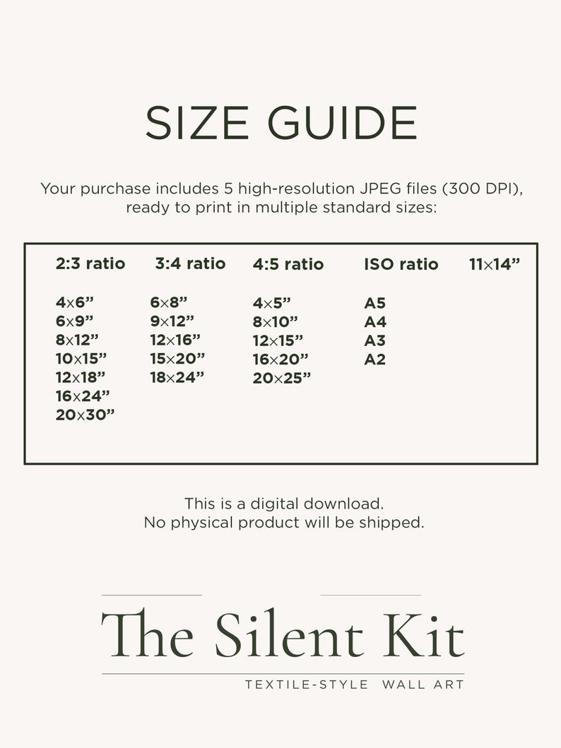 May include: A size guide chart for digital wall art prints. The chart lists print sizes in inches for various ratios, including 2:3, 3:4, 4:5, and ISO, as well as an 11x14 inch option. The text "The Silent Kit" is at the bottom.