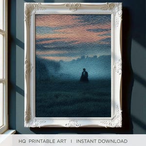 May include: A framed print titled "The Silent Kit" featuring a landscape scene with a figure in the distance. The artwork is set in a white ornate frame. The sky displays a gradient of pink and orange hues, and the foreground is a dark green.