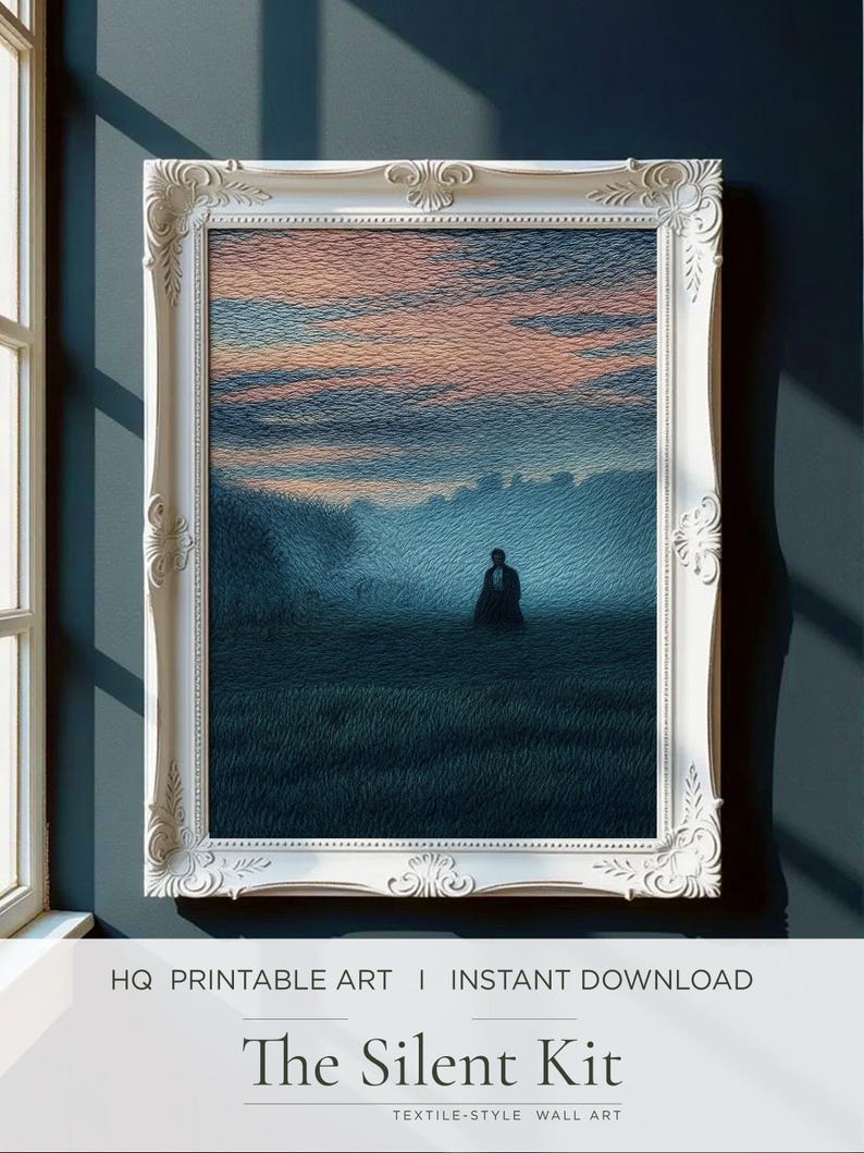 May include: A framed print titled "The Silent Kit" featuring a landscape scene with a figure in the distance. The artwork is set in a white ornate frame. The sky displays a gradient of pink and orange hues, and the foreground is a dark green.