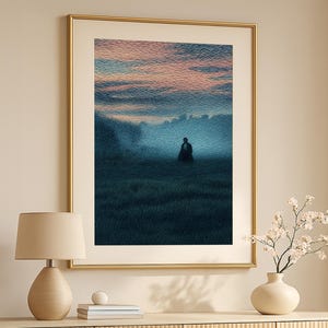 May include: A framed art print depicts a solitary figure in a field at dusk. The artwork features a color palette of blues, greens, and pinks, with a gold frame. The scene evokes a sense of solitude and contemplation, suitable for home decor.