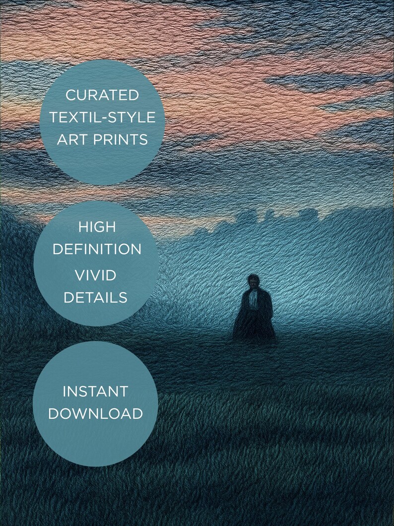 May include: Textured art print featuring a solitary figure in a field under a sunset sky. The image has a painterly style with text that reads "CURATED TEXTIL-STYLE ART PRINTS", "HIGH DEFINITION VIVID DETAILS", and "INSTANT DOWNLOAD".