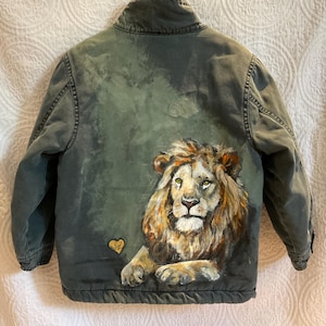 Unique Hand Painted Kids’ Jacket, King of the Pride, Lion, vintage/up-cycled jacket, wearable art, cherished keepsake, wildlife lover,