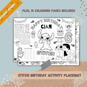 2 Personalized Birthday Activity Sheet, Lilo & Stitch | Personalized Activity Placemat Stitch | Personalized Colouring Sheet for Kids Party