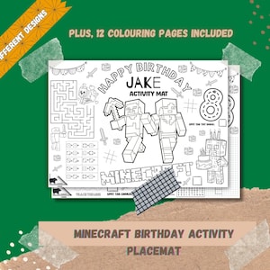 Pode incluir: Um jogo americano de atividades de aniversário com o tema Minecraft com o texto "Happy Birthday Jake" e "Minecraft". Inclui 12 páginas para colorir. Apresenta um labirinto, o número 8 e personagens do Minecraft.