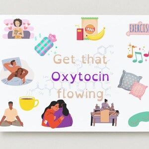 以下が含まれることがあります： イラストと「Get that Oxytocin flowing」のテキストが入った白いポスター。イラストには、ベッドのカップル、瞑想する人、マッサージが含まれます。その他の画像には、食べ物、音符、枕が含まれます。