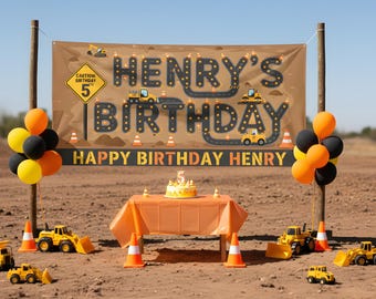 Personalized Construction Birthday Banner | Custom Name & Age | Digger Truck Party Decoration | Printable Boys Birthday Backdrop |