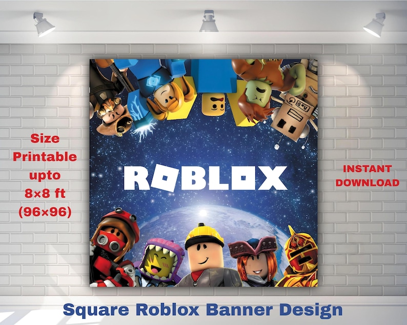 May include: A square banner design featuring the Roblox logo in white against a blue space background. The banner includes various Roblox character illustrations and the text "Square Roblox Banner Design".