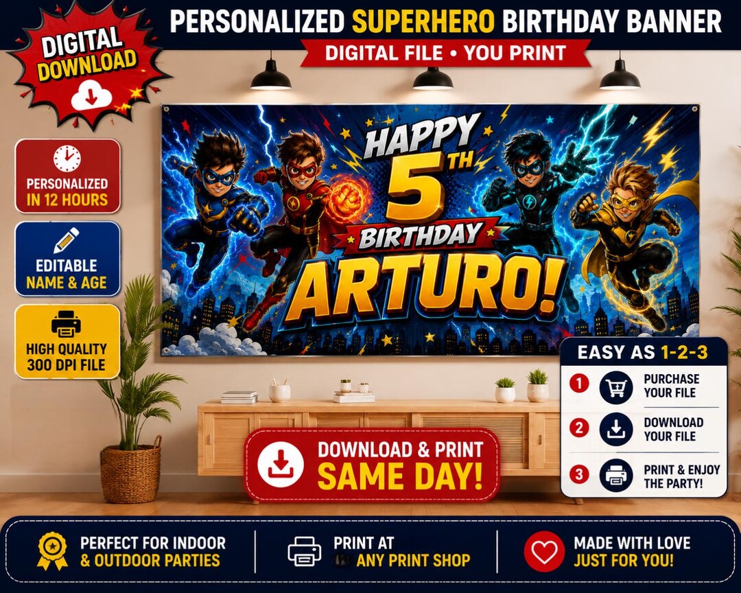 Personalized Superhero Birthday Banner Digital Download | Custom Kids ...