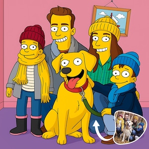 Op de afbeelding: Een familieportret in de stijl van The Simpsons, met een gele Labrador hond. De familie draagt winterkleding, met mutsen, sjaals en jassen. Een kleine inset-afbeelding toont de originele foto waarop het portret is gebaseerd.