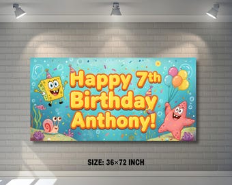 Undersea Yellow Sponge Birthday Banner | Personalized Party Backdroo | Cartoon Ocean Theme Backdrop | Custom Banner | Digital Download