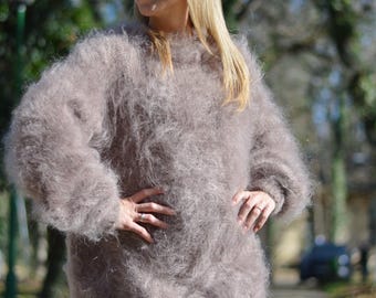 Mens tall size brushed mohair sweater-crewneck,taupe beige handknit by Dukyana