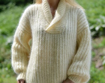 Mens shall collared mohair sweater hand knitted to custom colour