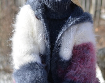 Cárdigan grueso de mohair multicolor: tejido a mano, con capucha, listo para enviar.