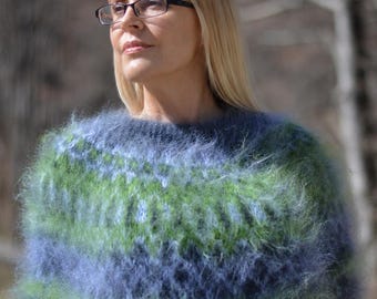 Maglione islandese verde cacciatore: mohair, girocollo, unisex, pronto per la spedizione