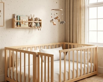 Camas para niños pequeños / Cunas para bebés con protección adicional. Cama infantil de tamaño completo. Cama Montessori con barandillas y puerta con cerradura para niños pequeños.