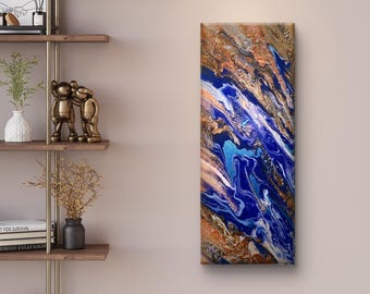 Feuer & Wasser Abstrakte Malerei – Blau Orange Fluid Art Leinwand 20 x 50 cm