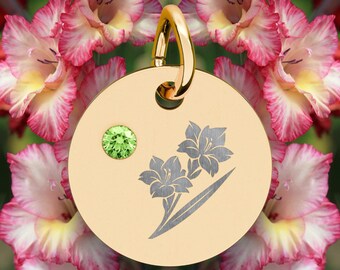 Geboortesteenbedel augustus – gladiolenbloem, peridot-edelsteen, roestvrij staal (alleen bedel)