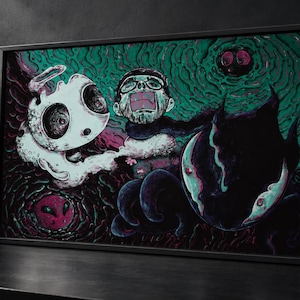 May include: A rectangular framed wall art piece featuring a surreal illustration with a teal and black color palette. The artwork depicts a central figure with glasses, a white ghost-like creature, and dark shadowy forms set against a textured background.