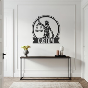 Custom Lady Justice Metal Wall Art – Personalized Name Sign for Law Office, Courtroom or Library, Elegant Lawyer, Judge or Graduation Gift