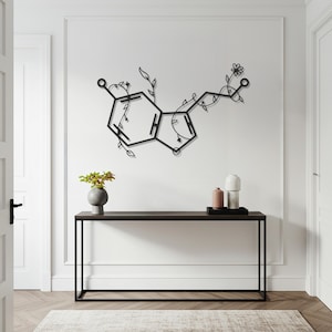 Serotonin Molecule Metal Wall Art – Botanical Chemistry - Inspired Decor with Leaves and Flowers, Modern Science Accent for Home or Office