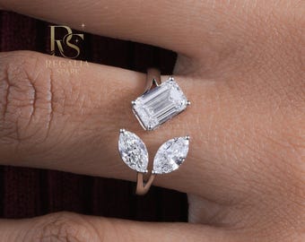 Emerald Cut Diamond Three Stone Engagement Ring, Side Marquise Diamond Ring, Lab Grown Diamond Wedding Ring, Anniversary Gifts