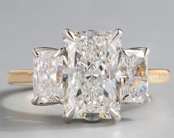 3 CT Radiant Lab Grown Diamond Engagement Ring Three Stone Ring Two-Tone Gold Ring For Her Floral Basket, Tiny Diamonds Set in Bridge
