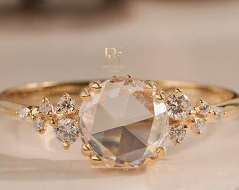 Rose Cut Lab Grown Engagement Ring, Vintage Cluster Band, 14K Yellow Gold Bridal Jewelry, Antique Style Floral Ring