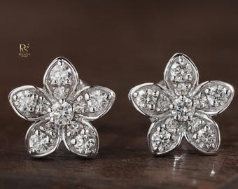 Five-Petal Flower Earrings, Lab Grown Diamond Floral Earrings, Daisy Diamond Earrings, Floral Cluster Earrings For Her, Everyday Earrings