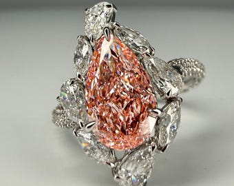 1.50 CT Pink Diamond Ring, Pink Lab Grown Diamond Ring, Pear Cut Halo Cluster Design, Statement Engagement Ring, Gift For Her.