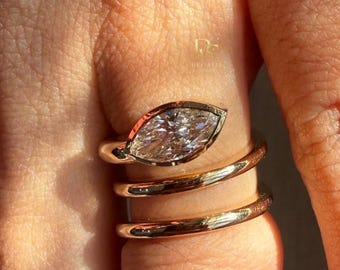 Marquise Bezel Twist Ring, Spiral Gold Statement Ring, Modern Open Wrap Ring, Minimalist Diamond Ring, Unique Designer Jewelry