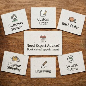 May include: Seven rectangular off-white cards with speckled texture, each featuring a black icon and text: Customer Service, Custom Order, Rush Order, Need Expert Advice? Book virtual appointment, Upgrade Shipping, Engraving, and 14 days Return.
