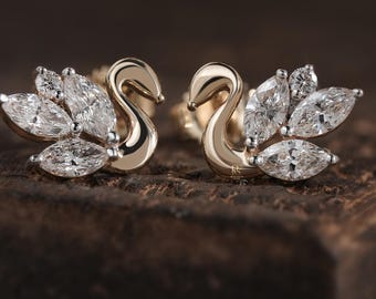 Marquise Diamond Swan Earring, Marquise Cut Lab Grown Diamond Earrings, Bird Inspired Earrings For Her, Dainty Stud Earrings, Birthday Gifts