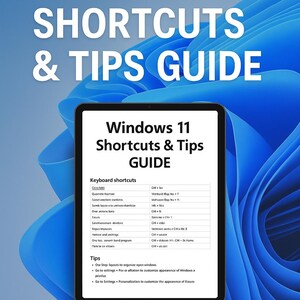 Könnte beinhalten: Ein digitaler Leitfaden für Windows 11 Shortcuts & Tipps. Das Bild zeigt ein Tablet mit einem Leitfaden mit Tastenkombinationen und Tipps, vor einem abstrakten blauen Hintergrund. Der Text "DIGITALER DOWNLOAD" befindet sich unten.