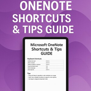 Può includere: Una guida digitale per le scorciatoie e i suggerimenti di Microsoft OneNote. L'immagine presenta un tablet che mostra il contenuto della guida, comprese le scorciatoie da tastiera e i suggerimenti, su uno sfondo sfumato viola. Le parole "DOWNLOAD DIGITALE" sono in basso.