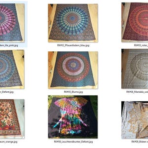 Könnte beinhalten: Sammlung von Mandala-Wandteppichen in verschiedenen Farben und Designs. Die Wandteppiche weisen komplizierte kreisförmige Muster auf, einige zeigen Blumen- oder Elefantenmotive. Die Farben reichen von leuchtenden Pink-, Blau- und Orangetönen bis hin zu gedämpfteren Gold- und Weißtönen. Die Wandteppiche werden auf einer Holzoberfläche präsentiert.
