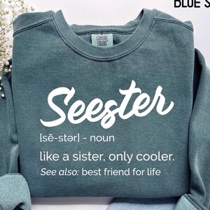 May include: A teal Comfort Colors sweatshirt with the word "Seester" in white script. Below the word is the definition: "like a sister, only cooler. See also: best friend for life."