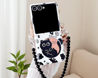 Black Cat Galaxy Z-flipcase met afneembare bandjes