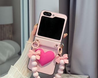 Pink Love Heart Bow Chain Samsung Galaxy Z Flip Case | Cute Protective Cover for Z Flip Series