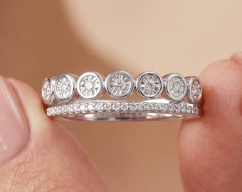 Dainty Half Eternity Double Band Ring, Moissanite Diamond Wedding Band for Women, Unique Style Bridal Ring, ComfortFit Bezel Set & Pave Band