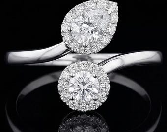 Toi et Moi Moissanite Ring for Women, Round & Pear Cut Moissanite Halo Engagement Ring, Two-Stone Bypass Wedding Ring, Anniversary Ring Gift