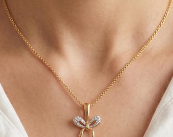 Moissanite Diamond Bow Necklace, Two Tone Dainty Ribbon Pendant, Minimalist Sparkly Bow Necklace, Bridesmaid Gift, Birthday Gift for Friend
