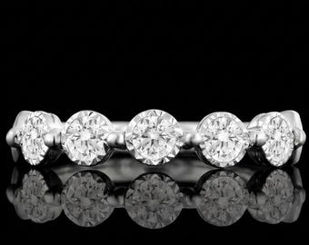 Milgrain Bezel Set Diamond Wedding Band, Round Moissanite 5 Stone Band, Matching Band for Engagement Ring, Bridal Set Band, Anniversary Gift