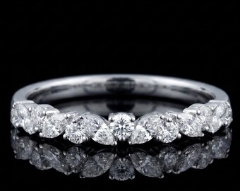 Marquise and Round Cut Moissanite Wedding Band, 14K Solid Gold Stackable Matching Band, Half Eternity Diamond Band, Bridal Ring Set for Her
