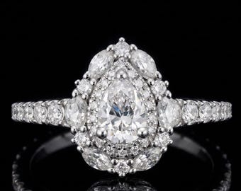 Vintage Art Deco Double Halo Pear Diamond Engagement Ring, 1.25 TW Moissanite Diamond Wedding Ring for Women, Modern Luxury Bridal Ring Gift