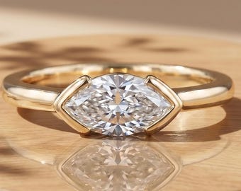 East West Marquise Cut Moissanite Engagement Ring, Half Bezel Set Solitaire Diamond Bridal Ring, 14K Solid Gold Ring, Handmade Ring for Her