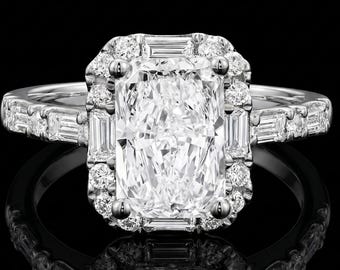 Radiant Cut Colorless Moissanite Wedding Ring, Halo Engagement Ring for Women, Baguette & Round Diamond Accent Ring, Anniversary Ring Gift