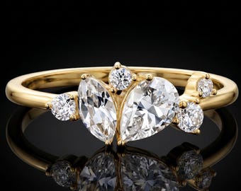 Toi Et Moi Moissanite Engagement Ring, Pear & Marquise Cut Moissanite Diamond Ring, Solid Gold Two Stone Ring, Dainty Promise Ring for Her
