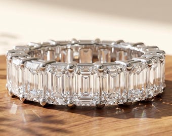 5x3 MM Emerald Cut Moissanite Full Eternity Wedding Band, 14K White Gold Matching Band, Stackable Anniversary Band for Women, Gifts for Her