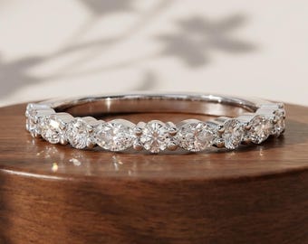 Marquise and Round Moissanite Diamond Wedding Band, Half Eternity Floating Bubble Band, Matching Band for Engagement Ring, Anniversary Gifts